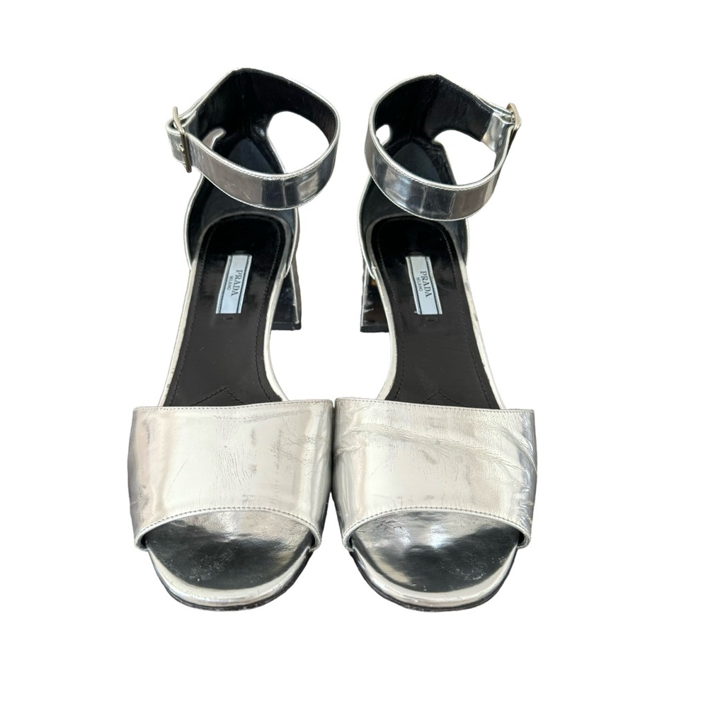 PRADA Sandal Silver Leather Block Heel - Picture 4 of 17